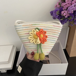 Fashion Women Woven Flower Shoulder Bag Handmade Cotton Rope Bucket Crossbody Bag For Travel Daily Casual Phone Bag