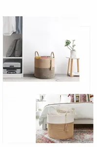 Detail view of woven cotton rope laundry baskets with tassels in modern bedroom settings