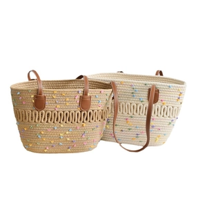 Summer large capacity woven tote bags with colorful pom-poms and brown leather handles
