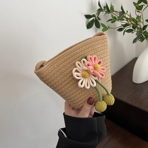 Handcrafted woven floral crossbody bag with 3D crochet flowers in beige rustic style