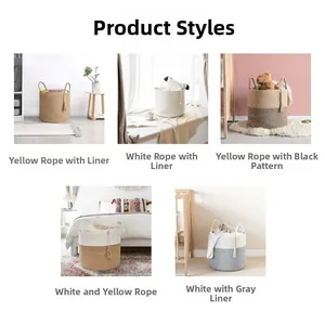 Detailed views of cotton woven storage baskets in five colors with tassels and liners