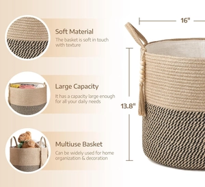 Detail of soft cotton rope basket showing dual-tone weave and 16x13.8 inch size dimensions
