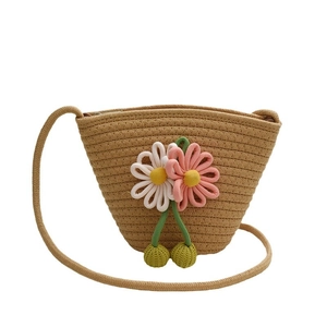 Straw woven crossbody phone bag with handmade floral decorations and thin rope strap