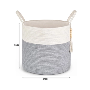 Detail of grey and white cotton rope laundry basket with size dimensions 35cm by 40cm