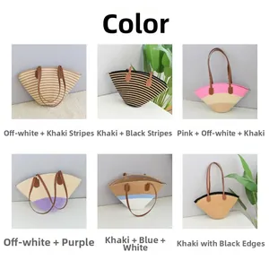 Collage of woven tote bags showing six color variations and brown leather handles