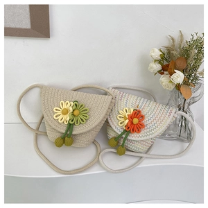 Detail showing handwoven texture and 3D crochet floral accents on crossbody bags