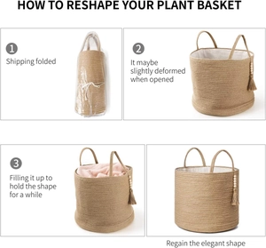 Steps to restore shape of a folded cotton rope storage basket with decorative wood tassels