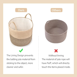 Detail view comparing cotton rope basket with inner lining versus basic woven models