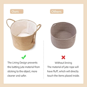 Detail comparison showing jute storage basket with and without protective inner lining