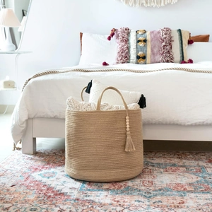 Large Cotton Rope Storage Basket With Tassels Wooden Beads Woven Laundry Hamper Foldable Nursery Toy Organizer For Home Decor