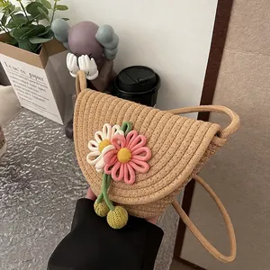 Women Fashion Woven Flower Shoulder Bag Cotton Straw Look Crossbody Bag Handcrafted Floral Decor Bucket Bag Casual Summer Beach Pouch
