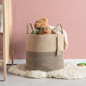 Extra large cotton rope storage basket with dual handles and bohemian tassel decor