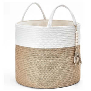 Large cotton rope laundry basket with wood bead tassel in minimalist two-tone woven design