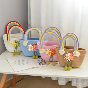 Handmade woven cotton straw tote bags with rainbow handles and 3D floral accents in 4 colors