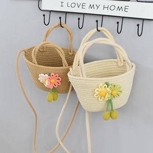 Handmade Cotton Rope Woven Crossbody Bag For Women Summer Beach Vacation Floral Decoration Small Shoulder Handbag