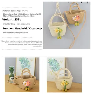 Detail showing dimensions and woven flower charm on a handmade cotton rope bag