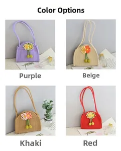Handmade woven cotton rope handbags in purple, beige, khaki and red with floral accents