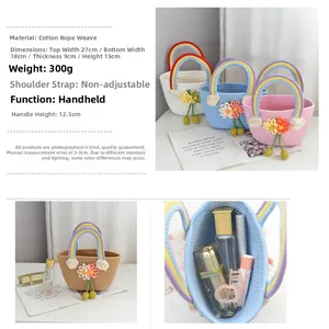 Detailed specs of handmade straw woven tote bag with rainbow handle and floral details