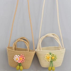 Handmade woven flower straw bags in beige and apricot for summer beach vacations