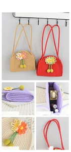 Detail view of handmade woven cotton rope bag showing inner capacity and floral design