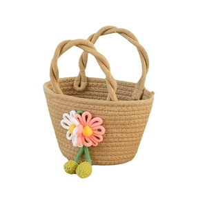 Sac à main fait main en corde de coton tissée avec décorations de fleurs 3D rose et blanc