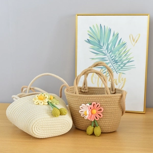 Handmade floral woven beach bags in beige and light brown for summer vacation