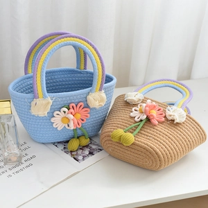 Rainbow handle straw woven handbag with handmade flower charm in blue and beige