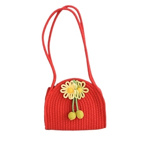 Handmade red cotton rope woven handbag with crochet daisy flowers for women or kids