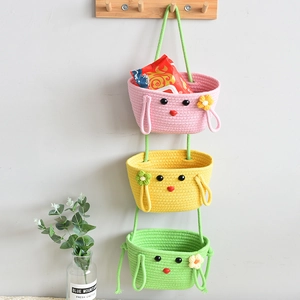 Three-tier woven wall hanging basket with cute bunny ears for home storage organization