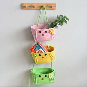 3-Tier Cartoon Cotton Linen Handwoven Hanging Storage Basket Wall Mounted Organizer For Bedroom Nursery Home Storage