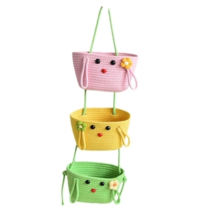 Cute three-tier cartoon woven hanging basket set in pink yellow and green cotton rope