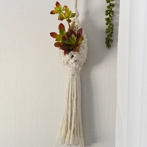 Detail of bohemian handmade woven cotton wall hanging basket with tassels and plants