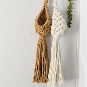 Detail of handcrafted macrame plant hanger with cotton rope weaving and long tassels