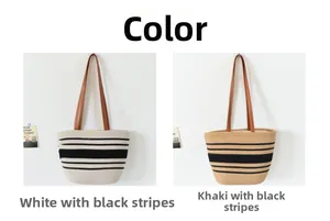 Detail view of woven tote bags featuring contrast stripes and durable PU leather handles