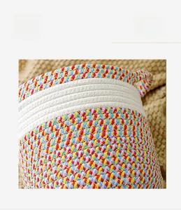 Close-up of bohemian multi-colored cotton rope weave and tight white edge detail
