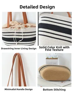 Detail view of woven tote bag with drawstring lining and brown leather handles