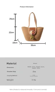 Detailed dimension chart of straw woven tote bag with flower charms and measurements