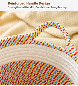 Detail of reinforced white handle on multi-color hand-woven cotton rope storage basket