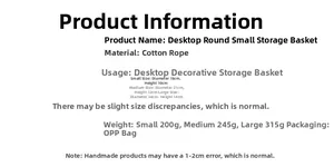 Size chart showing dimensions for small, medium and large cotton rope storage baskets