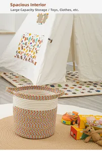 Detail of colorful cotton rope woven storage basket in a cozy children playroom setting