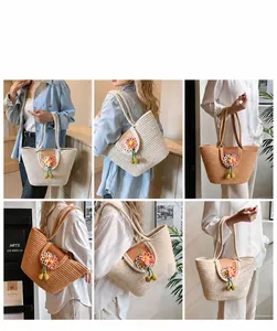 Detailed views of handmade woven tote bag with 3D floral accents and tassels on model