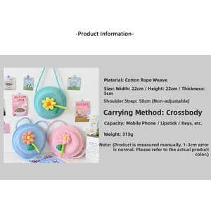 Détail du sac rond en coton tressé avec tournesol 3D en plusieurs coloris doux