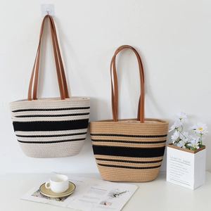 Women's Woven Striped Tote Bag Cotton Large Capacity Shoulder Bag Urban Simple Style Handbag With Drawstring Lining