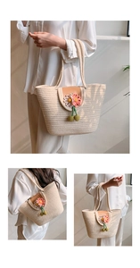 Three-way view of white woven straw tote with floral accents and cherry charms