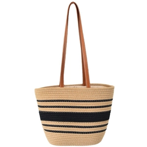 Minimalist striped woven tote bag in beige and navy with brown leather handles