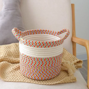 Hand Woven Cotton Rope Storage Basket Bohemian Round Sundries Organizer With Handles For Laundry Toys Living Room Bedroom Decor