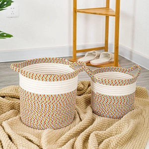 Handmade bohemian rainbow cotton rope storage baskets set with sturdy handles