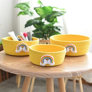 Nordic Cotton Rope Woven Storage Basket Rainbow Embroidery Round Desktop Sundries Organizer Box Home Decor Baskets