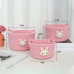 Three-piece set of pink cotton woven baskets with cute white rabbit dolls in various sizes
