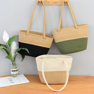 Borsa Tote Intrecciata a Grande Capacità per Donna Moda Borsa a Mano in Cotone Lino Color Block Versatile Borsa a Spalla Vacanza Mare